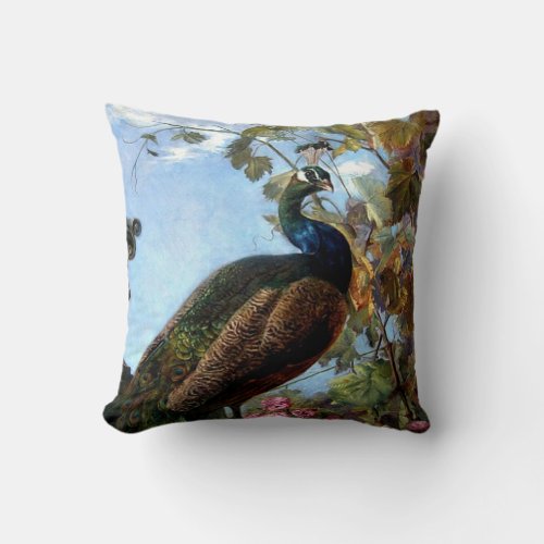 Still Life with Flowers and Peacock Bird Floral Throw Pillow