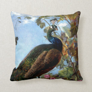 Still Life with Flowers and Peacock Bird Floral Throw Pillow