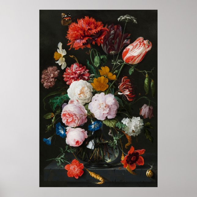 Still Life with Flowers in a Glass Vase by Heem Poster (Front)