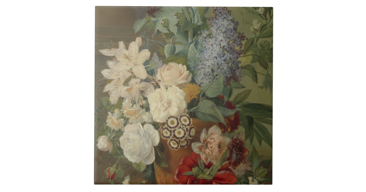 Still Life With Flowers in a Terracotta Vase Ceramic Tile | Zazzle