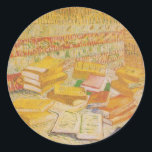 Still Life with French Novels | Vincent van Gogh Classic Round Sticker<br><div class="desc">Still Life with French Novels and Glass with a Rose (1887) by Dutch post-impressionist artist Vincent Van Gogh. Original artwork is an oil on canvas depicting an stacks of books in warm yellow tones.

Use the design tools to add custom text or personalize the image.</div>