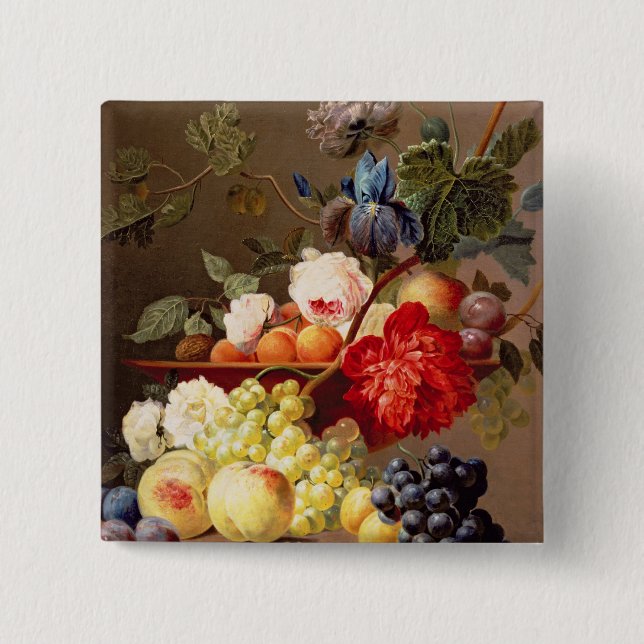 Still life with fruit and flowers pinback button (Front)