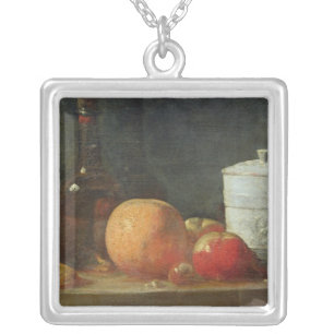 Still Life with Fruit and Wine Bottle Silver Plated Necklace