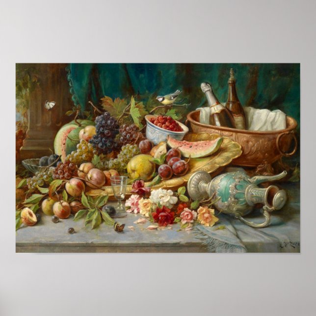 Still Life with Fruit and Wine Cooler by Zatzka Poster (Front)
