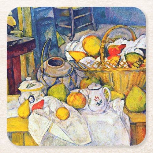 Still Life with Fruit Basket Paul Cezanne Square Paper Coaster