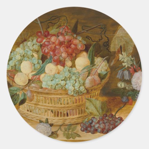Still life with fruits in a basket _ Issak Soreau Classic Round Sticker