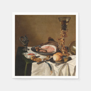 Still life with ham, books and ornamental vessels napkins