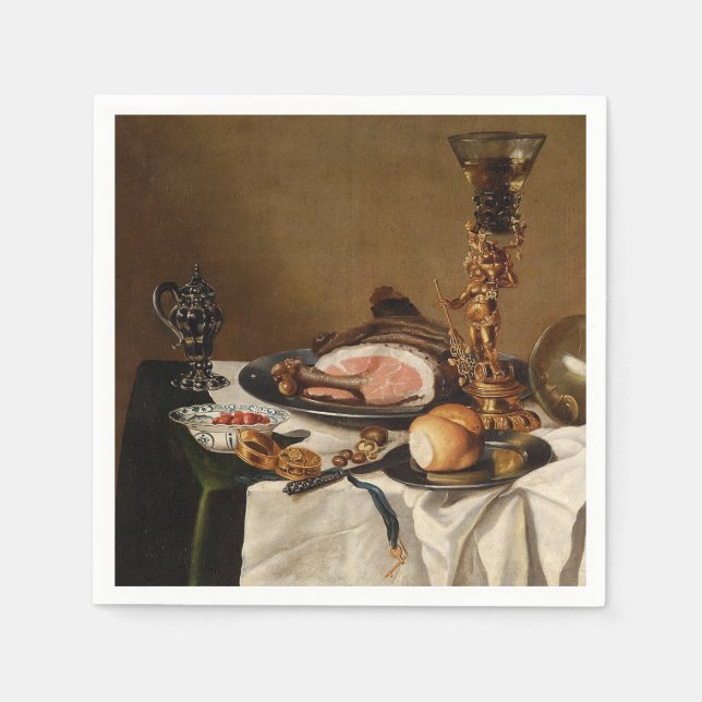 Still life with ham, books and ornamental vessels  napkins (Front)