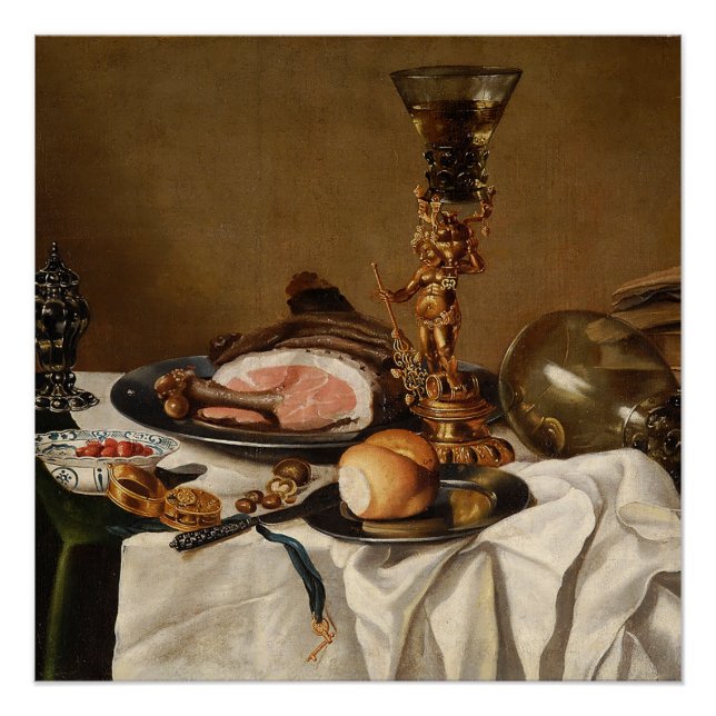 Still life with ham, books and ornamental vessels  poster (Front)