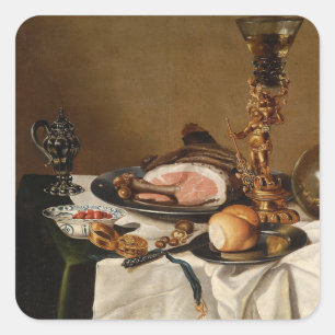 Still life with ham, books and ornamental vessels  square sticker