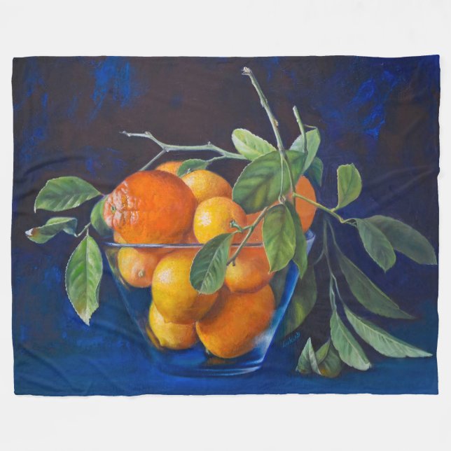 Still Life with Lemons and Orange Branch Fleece Blanket (Front (Horizontal))