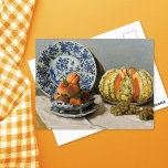 Still Life with Melon Claude Monet Postcard<br><div class="desc">A fine art postcard with the impressionist painting,  Still Life with Melon,  (1872) by Claude Monet (1840-1926). A vibrant table setting of a ripe melon and peaches beside a blue and white porcelain plate.</div>