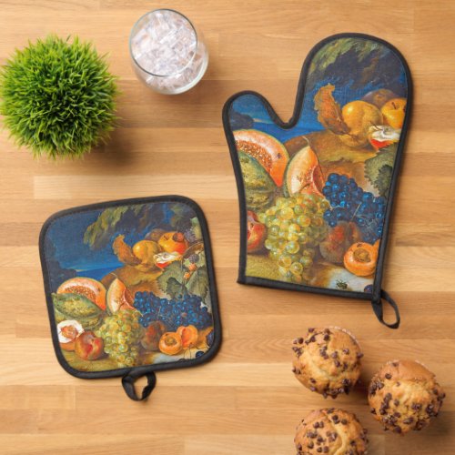 Still Life With Melons Grapes Peach  Cherries _ Oven Mitt  Pot Holder Set