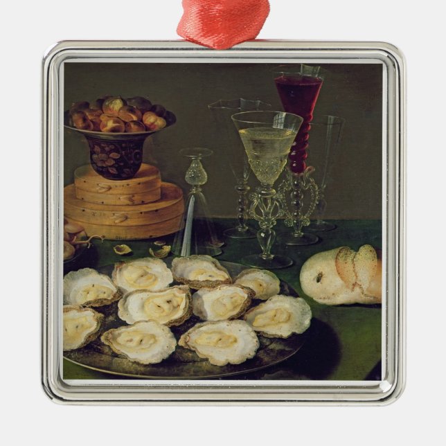 Still Life with Oysters and Glasses (oil on panel) Metal Ornament (Front)