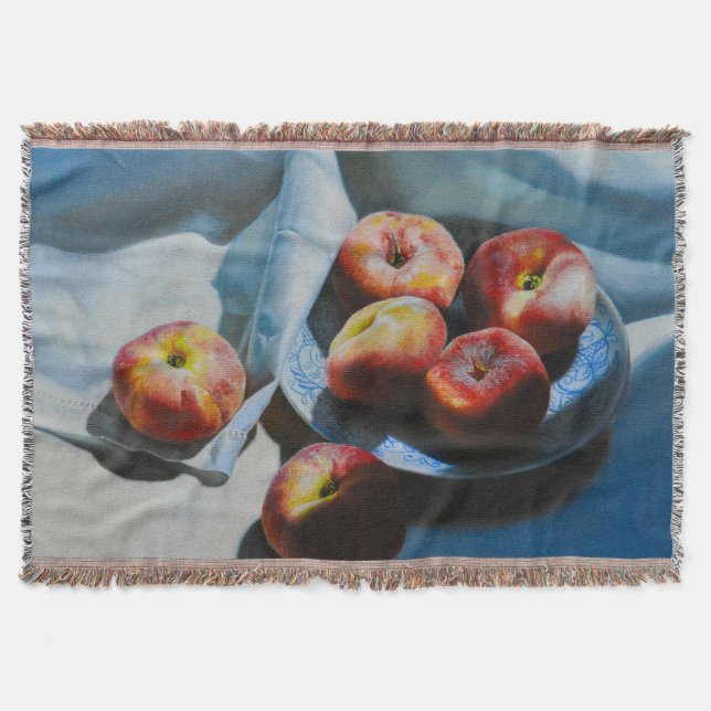 Still Life with Peaches and White Cloth Throw Blanket (Front)