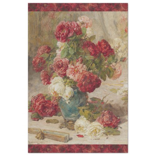 STILL LIFE WITH ROSES AND A FAN FRENCH DECOUPAGE TISSUE PAPER