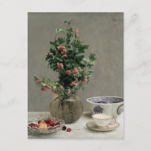 Still Life with Vase of Hawthorn Bowl of Cherries Postcard