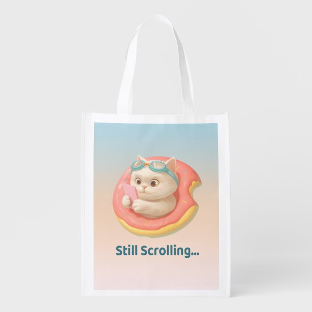 Still Scrolling: Funny Bao Bao Cat Donut Sticker Grocery Bag (Front)