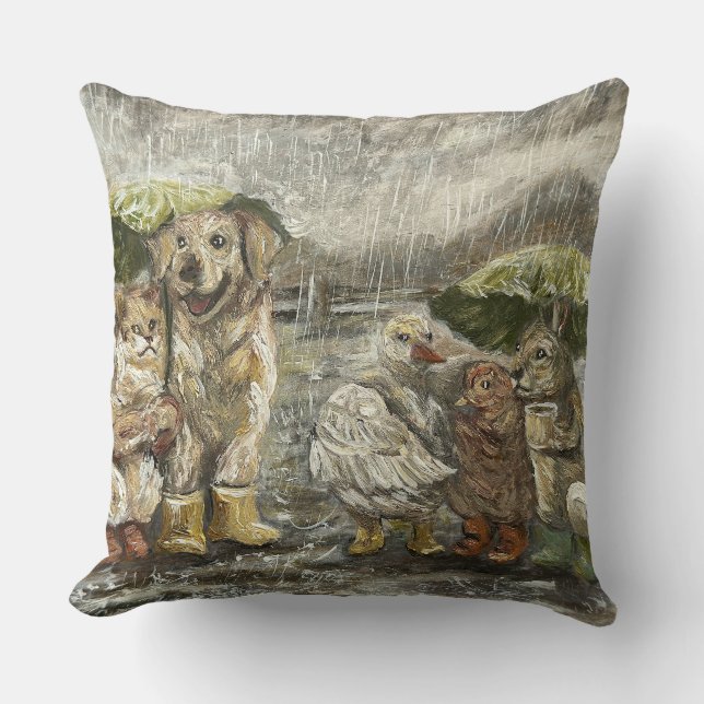 Still Together Whimsical Farmhouse Animals Rainy  Throw Pillow (Front)