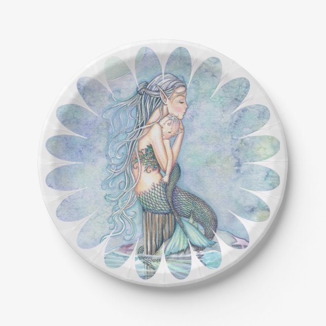 Still Waters Mother and Baby Mermaids Baby Shower Paper Plates (Front)