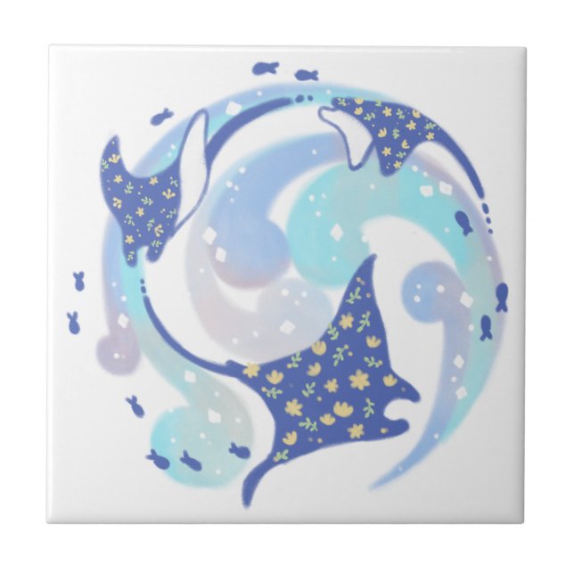 Stingray in Ocean Illustration Ceramic Tile (Front)