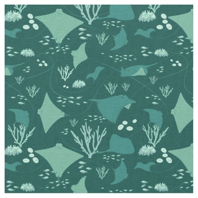 Stingrays Manta Rays Blue Underwater Pattern Fabric (Close Up)