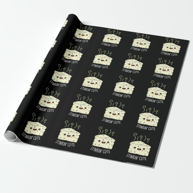 Stinkin Cute Funny Cheese Pun Dark BG Wrapping Paper (Unrolled)