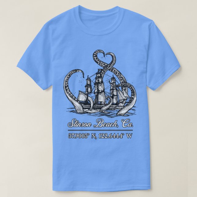 Stinson Beach CA Nautical Coordinates Boat Octopus T-Shirt (Design Front)