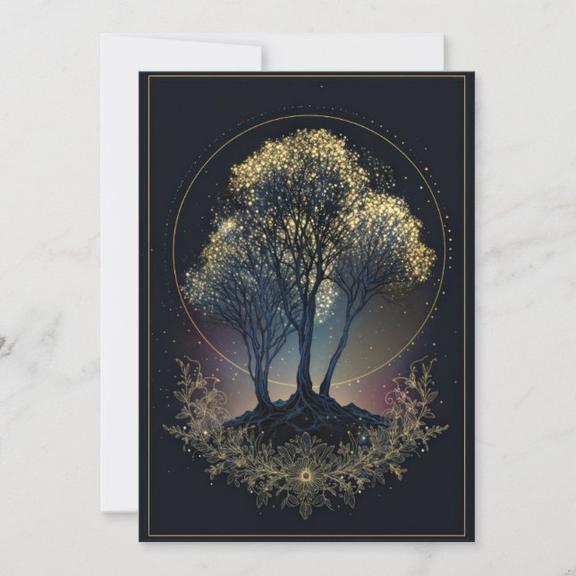 Stippled Gold Celestial Tree Midnight Halo Wedding Invitation (Front)
