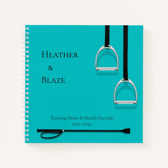 Stirrup Irons & Riding Crop Aqua Square Equestrian Notebook (Front)