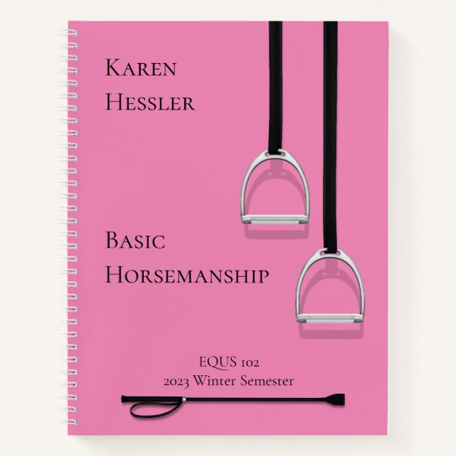 Stirrup Irons & Riding Crop Pink 8.6x11 Equestrian Notebook (Front)