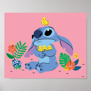 Stitch Cuddling Baby Easter Chicks Poster