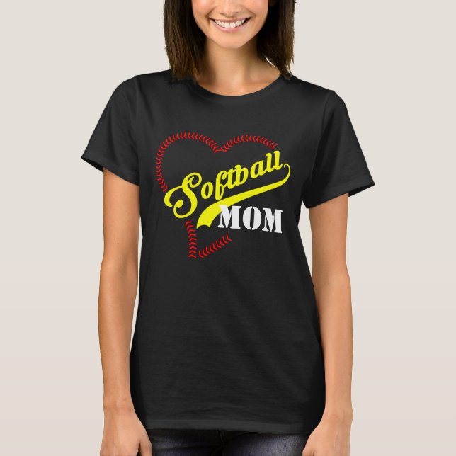 Stitch Heart Softball Mom Personalized Women Black T-Shirt (Front)
