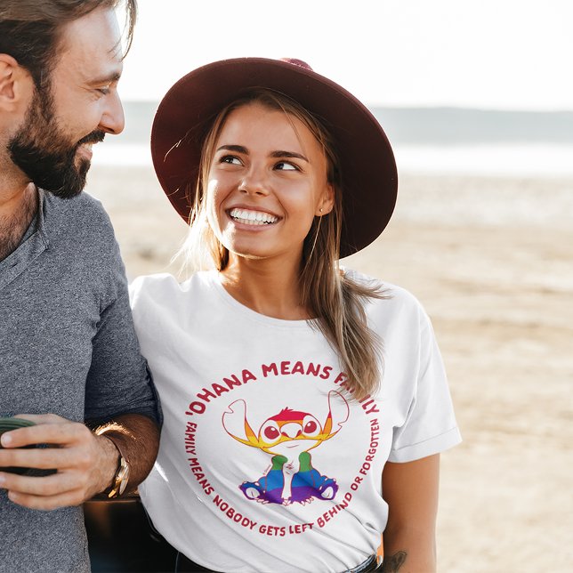 Stitch | Ohana Means Family - Rainbow T-Shirt (Person wearing t-shirt)