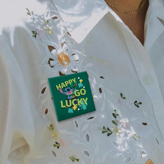 Stitch | St. Patrick's Day - Happy Go Lucky Button (Person wearing button)