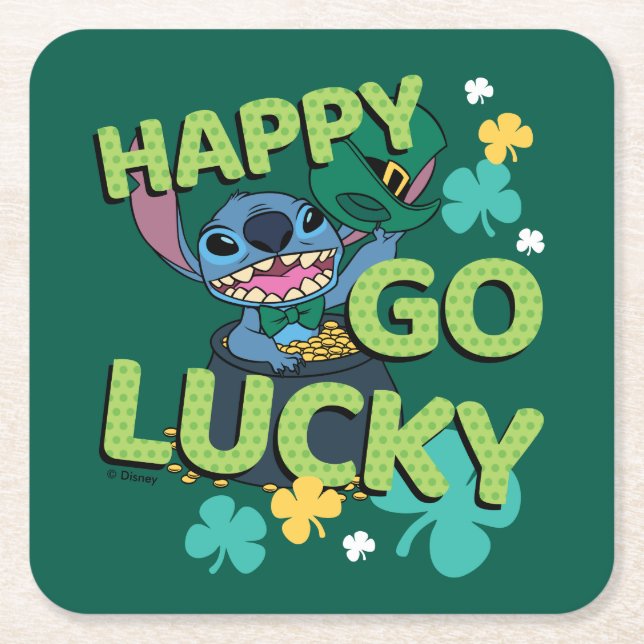 Stitch | St. Patrick's Day - Happy Go Lucky Square Paper Coaster (Front)
