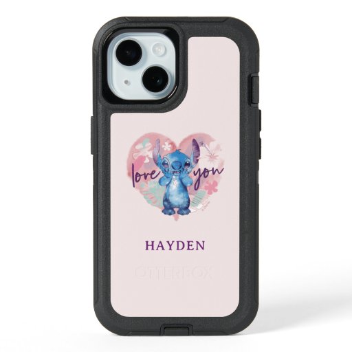 Stitch Watercolor Valentine Heart | Add Your Name iPhone 15 Case