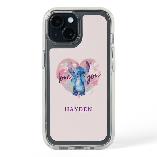 Stitch Watercolor Valentine Heart | Add Your Name iPhone 15 Case