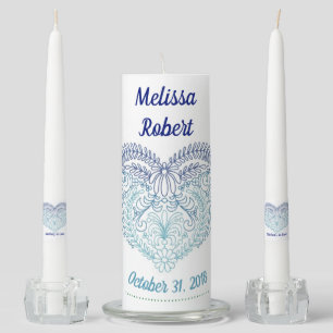 Stitched Blue Heart Heriloom Unity Candle Set