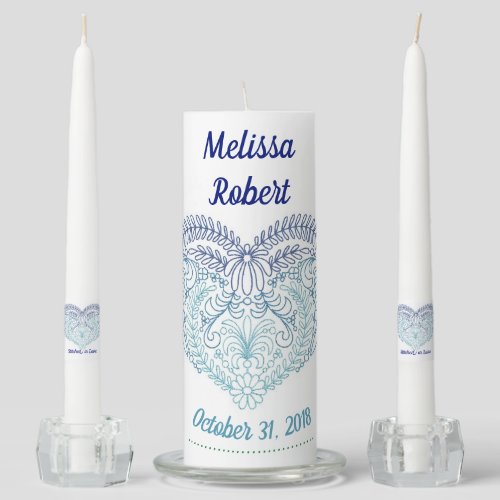 Stitched Blue Heart Heriloom Unity Candle Set