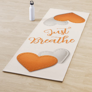 Stitched Bright Orange & Ivory Hearts Just Breathe Yoga Mat