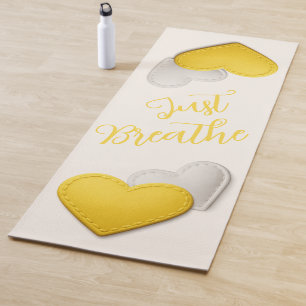 Stitched Bright Yellow & Ivory Hearts Just Breathe Yoga Mat