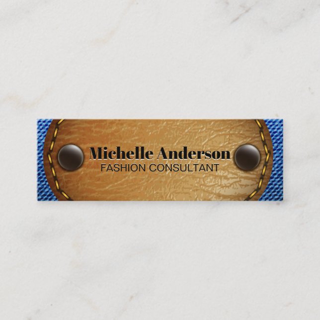Stitched Brown Leather | Denim Mini Business Card (Front)