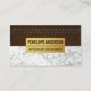 Stitched Brown Leather Gold Metal White Marble Business Card