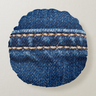 Stitched denim: closeup jeans texture. round pillow