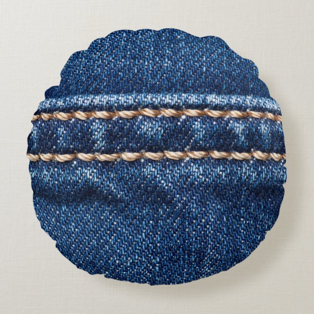 Stitched denim: closeup jeans texture. round pillow (Front)