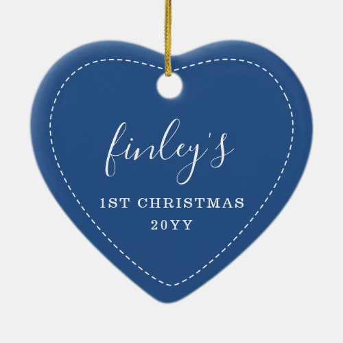 Stitched Frame Blue Babys First Christmas Photo Ceramic Ornament