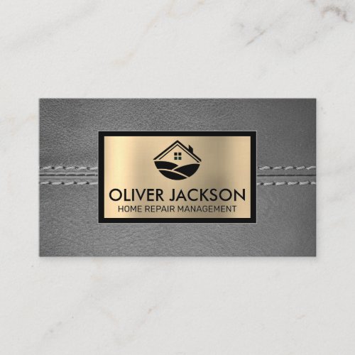 Stitched Gray Leather  Gold Metallic  Home Icon Business Card