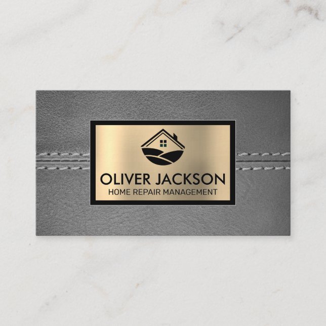 Stitched Gray Leather | Gold Metallic | Home Icon Business Card (Front)