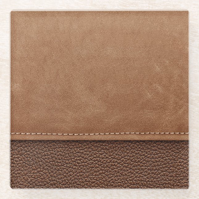 Stitched leather: gray, black background. glass coaster (Front)